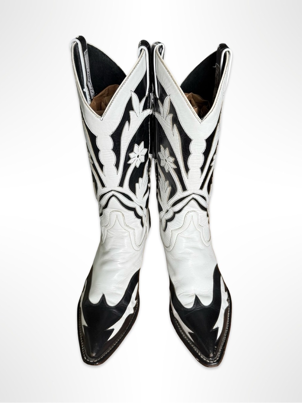 Vintage Custom El Paso Cowboy Boots Black White Floral Inlay Peewee Womens 8.5 - Picture 2 of 10